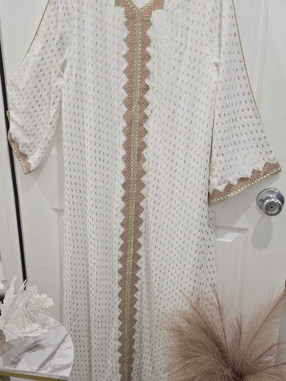 White and Gold Foil Kaftan with Embroidered Trim
